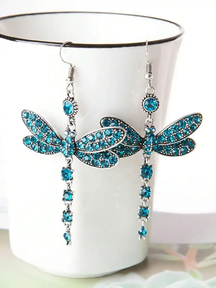 

Vintage Dragonfly Long Dangle Earrings With Blue Crystal For Women