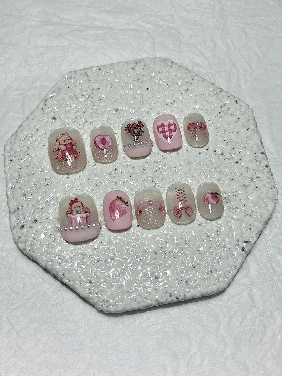 10 delige zoete konijntjesbloem aardbei handgemaakte pers op nagels alice in wonderland nepnagels verwijderbaar herbruikbaar