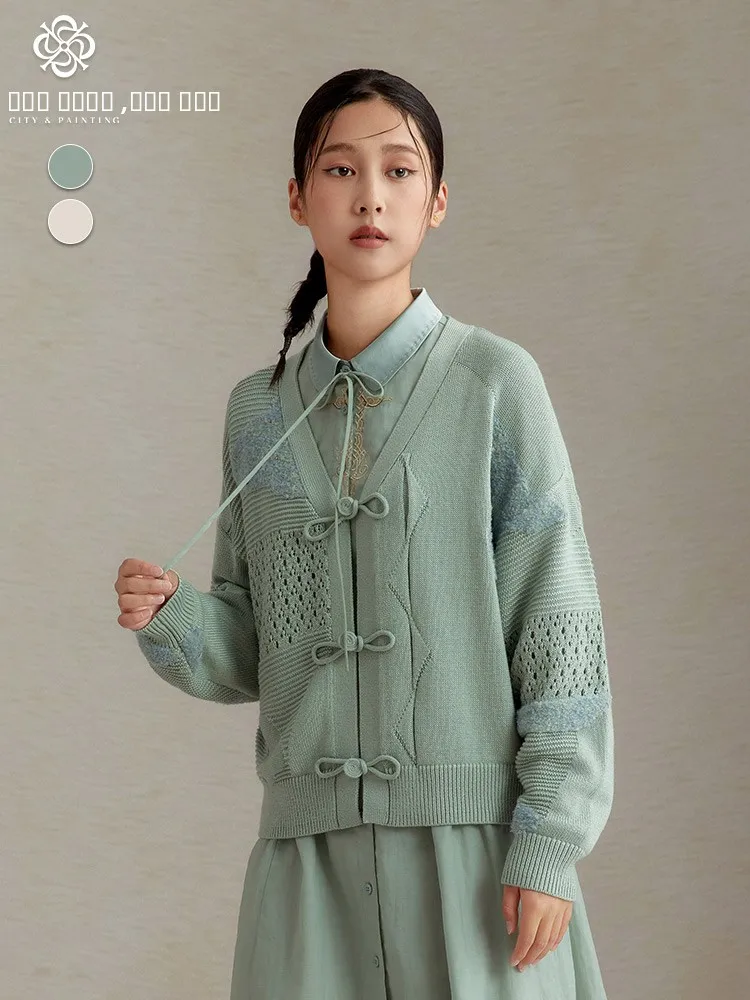 

Loose Long Sve V-Ne Sweater Jaet Women's New National Sle Button up ort Coat Romantic Artistic Polyester Nylon Woo...