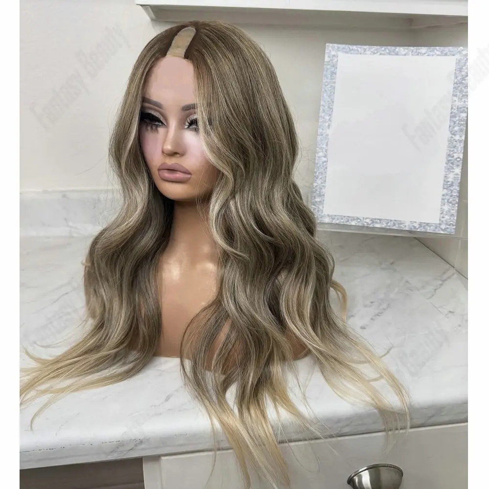 

Длинный свободный парик с U-образной частью, 100% индийские человеческие волосы Remy для женщин, легко носить, пепельно-темно-русый, яркий блондин, бесклеевой парик, 1*4 В, часть парика