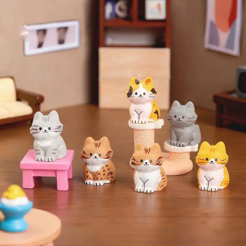 ^6pcs Cute Mini Cat Figurines Resin Craft Hand Painted Tiny Kitten Models For Fairy Garden DIY Micro Landscape Decor Accessorie