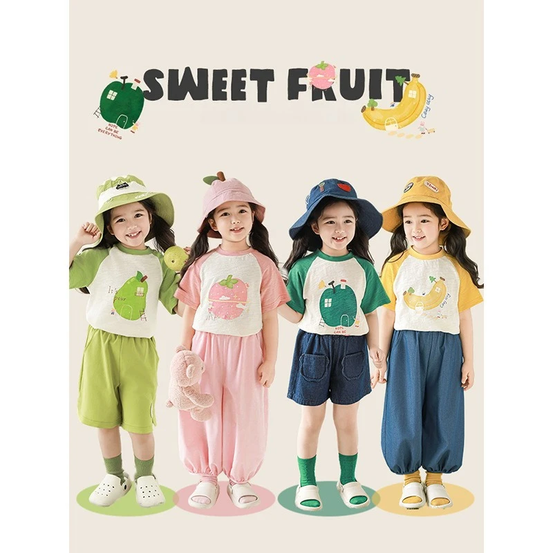 

Girls' Fruit Print T-shirt 2025 Summer New Style Energetic and Cute Round Neck Color-blocked Raglan Casual Top