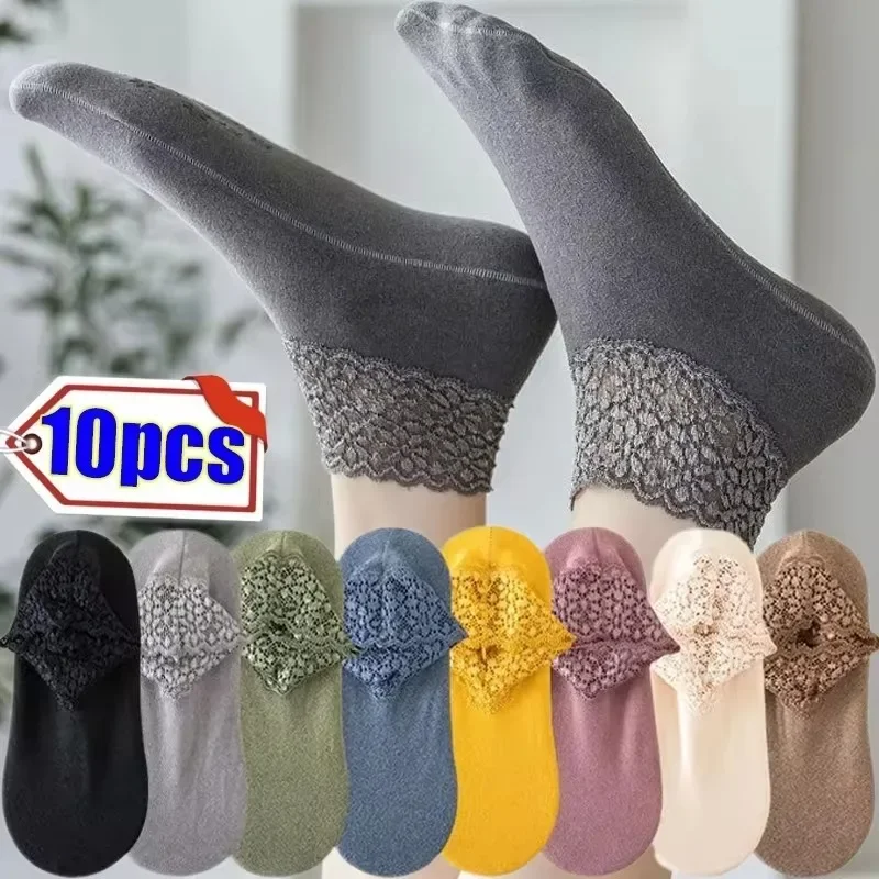 Women Low Lace Tube Thermal Socks Vintage Cute Thick Plus Velvet Warm Home Floor Socks Autumn Winter Anti-slip Sock Slippers