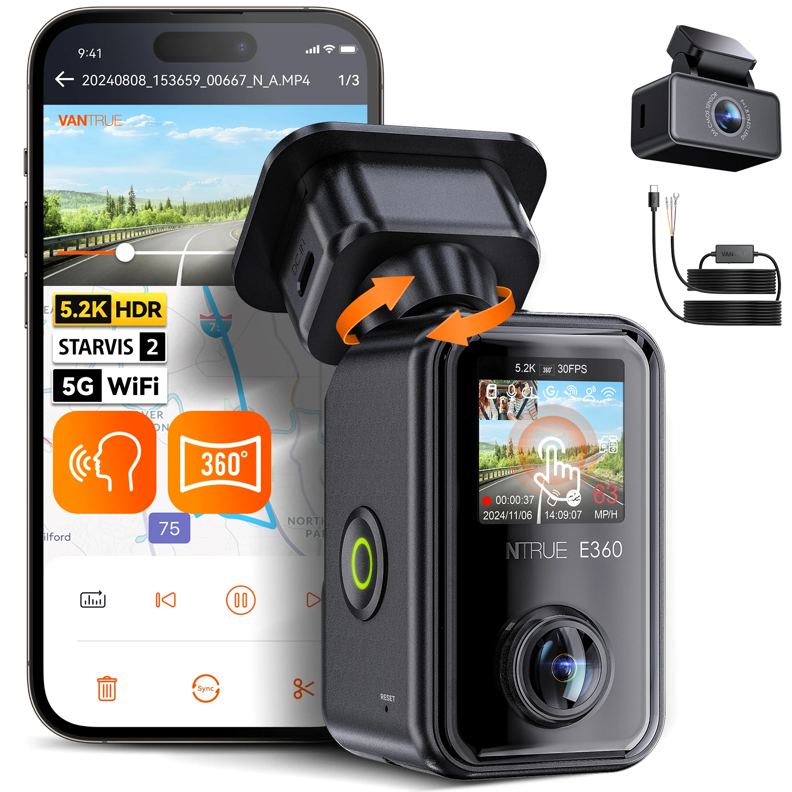Vantrue E360 360°ダッシュカメラ 5.2K パノラマ Wi-Fi GPS