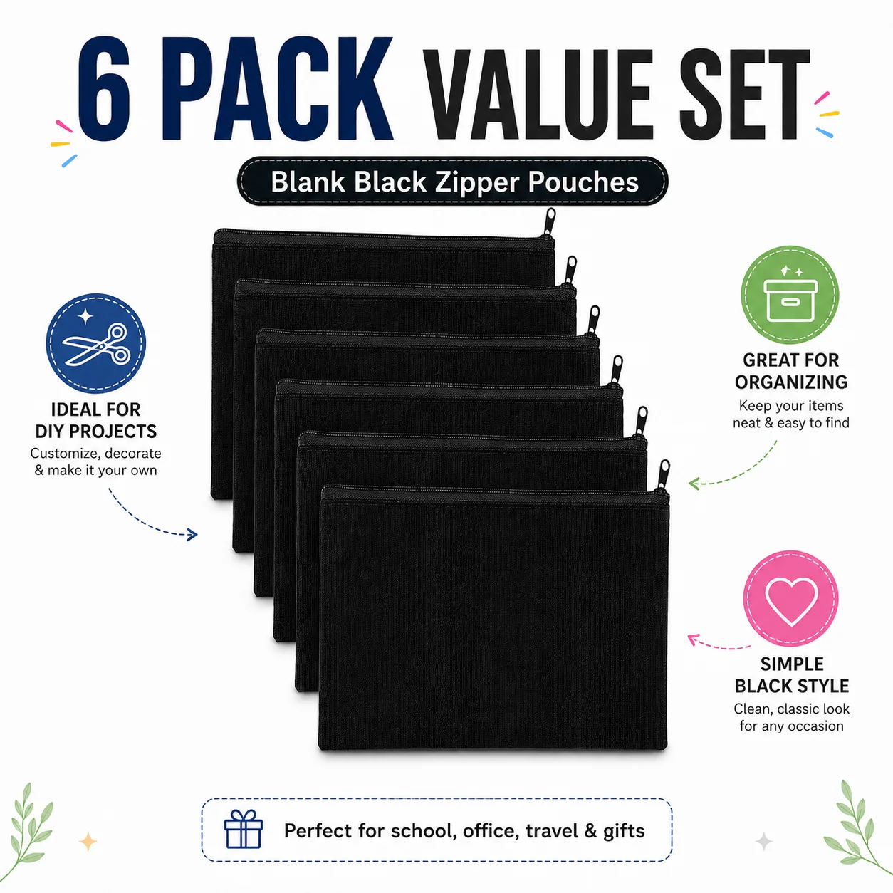 6/12PCS Black Blank Zipper Pouches, 21 x 12cm Canvas Heat Transfer Bags for DIY Pencil Cases, Cosmetic & Makeup Pouches