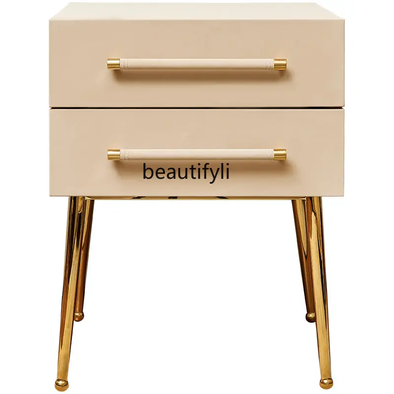 

zq Modern Leather Light Luxury Bedside Table Champagne Gold Stainless Steel Feet Bedroom Bedside Locker