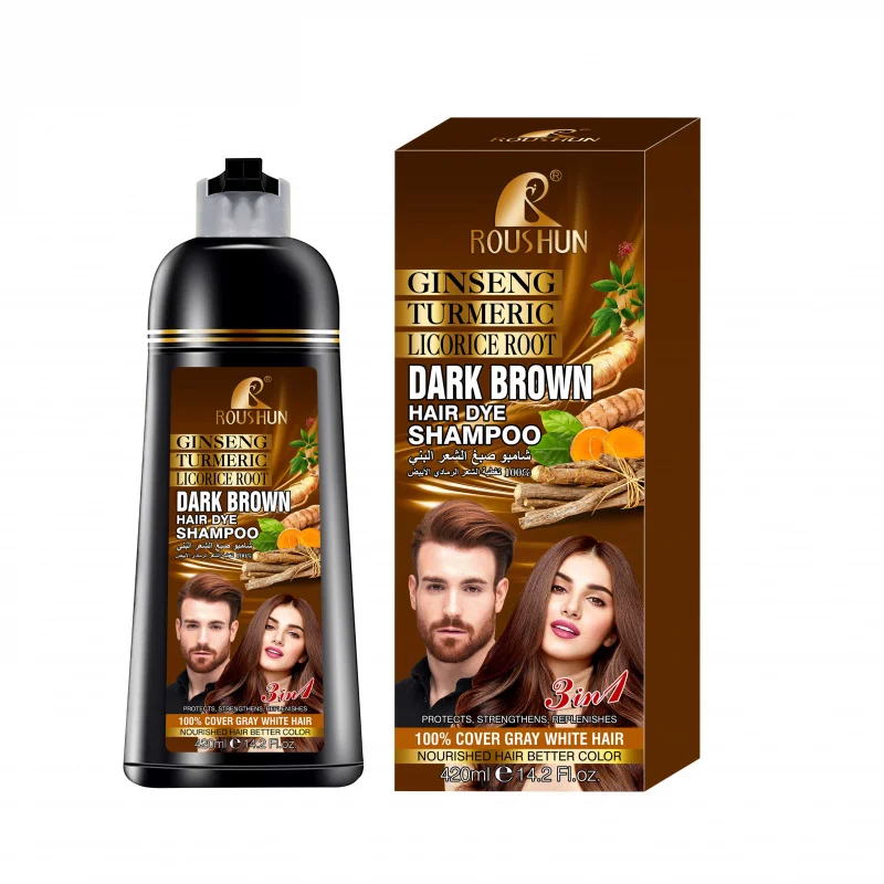 

Шампунь для окрашивания волос ROUSHUN, 420 мл, темно-коричневый, с женьшенем и имбирем, питательный уход, 3 в 1