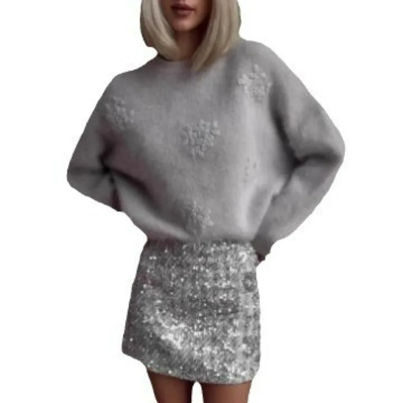 2025年人気 快適で暖かい無地クルーネックニットジャカードセーター カジュアルスタイル レディース服 プルオーバー ルーズ