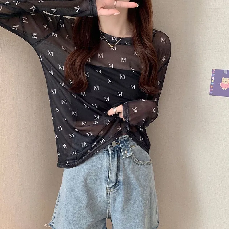 Estilo coreano malha de seda gelo protetor solar topo feminino verão manga longa camiseta moda solta ajuste praia cobrir casual interior wear