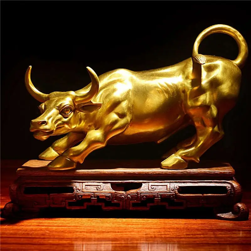 2X Feng Shui Fortune Brass Bull Statue, Sculpture Home Decoration Golden Copper Bull Represents Good Luck Of Career-AT30