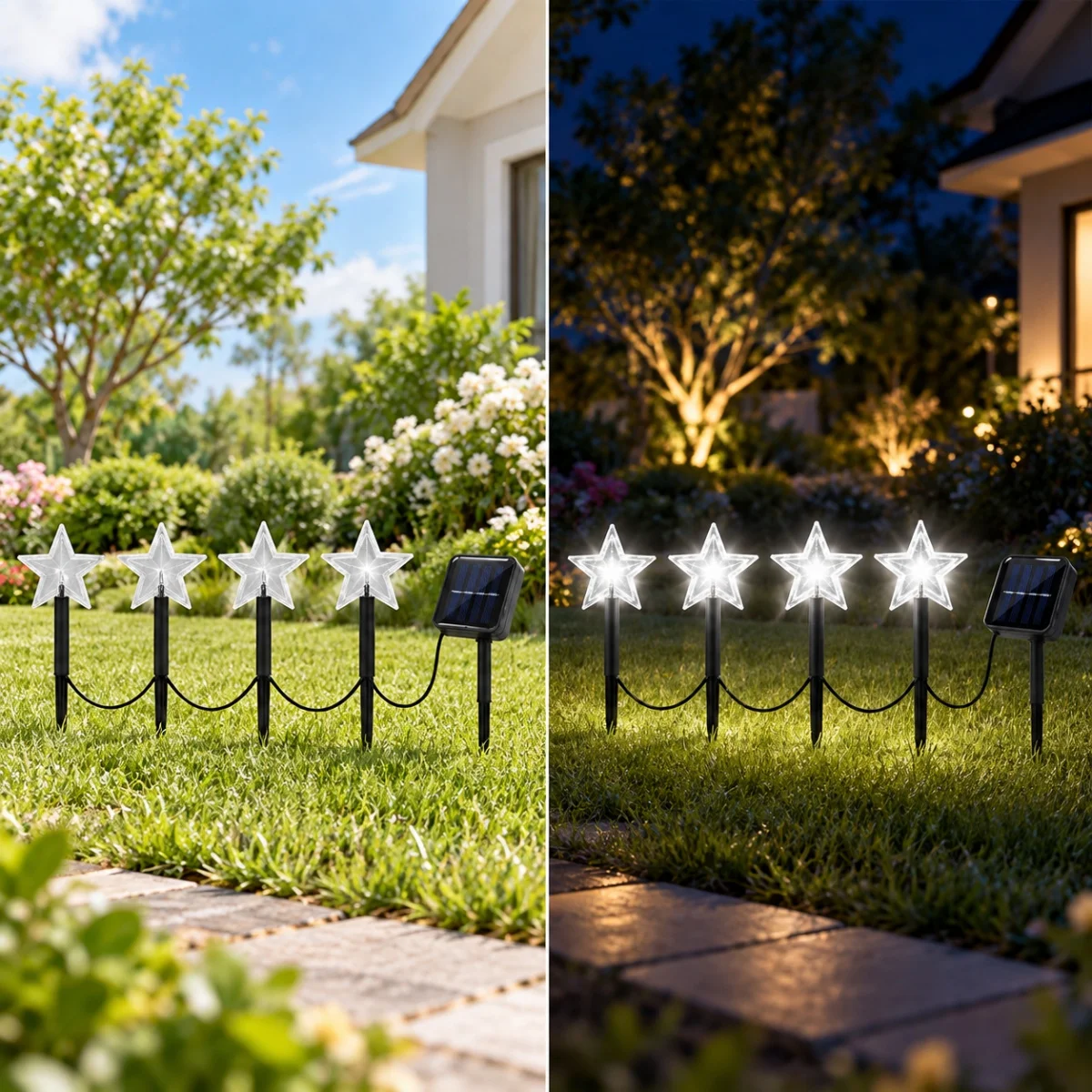 4pcs/set Solar Christmas Stake Light Solar Powered Reindeer Snowflake Star Bell Decorative Lamp for Garden Holiday Festive Decor