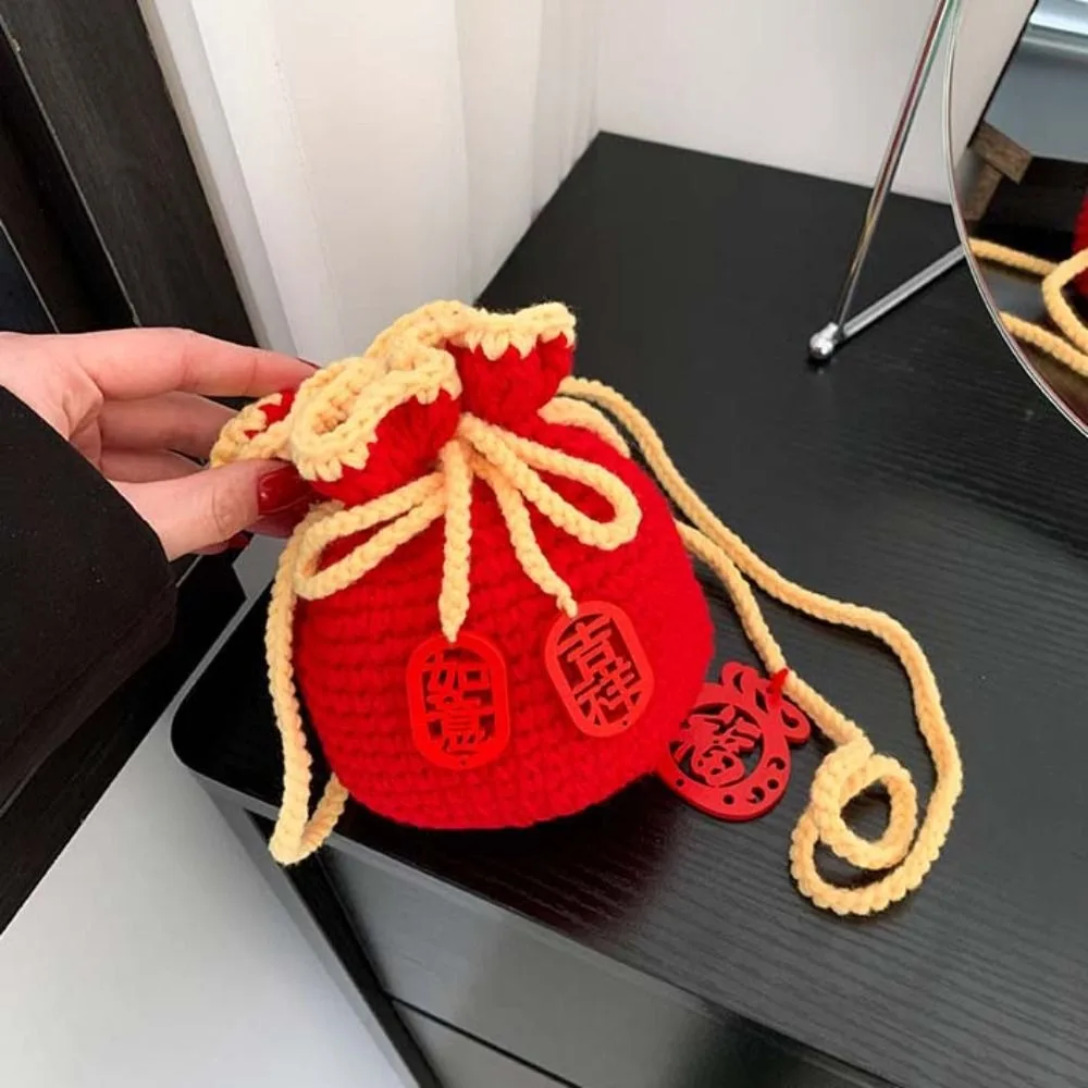 محبوك السنة الجديدة حقيبة كتف الدانتيل يصل النمط الصيني محظوظ حقيبة كروسبودي قلادة محفظة نسائية للعملات المعدنية للأطفال حقيبة ساعي الأطفال