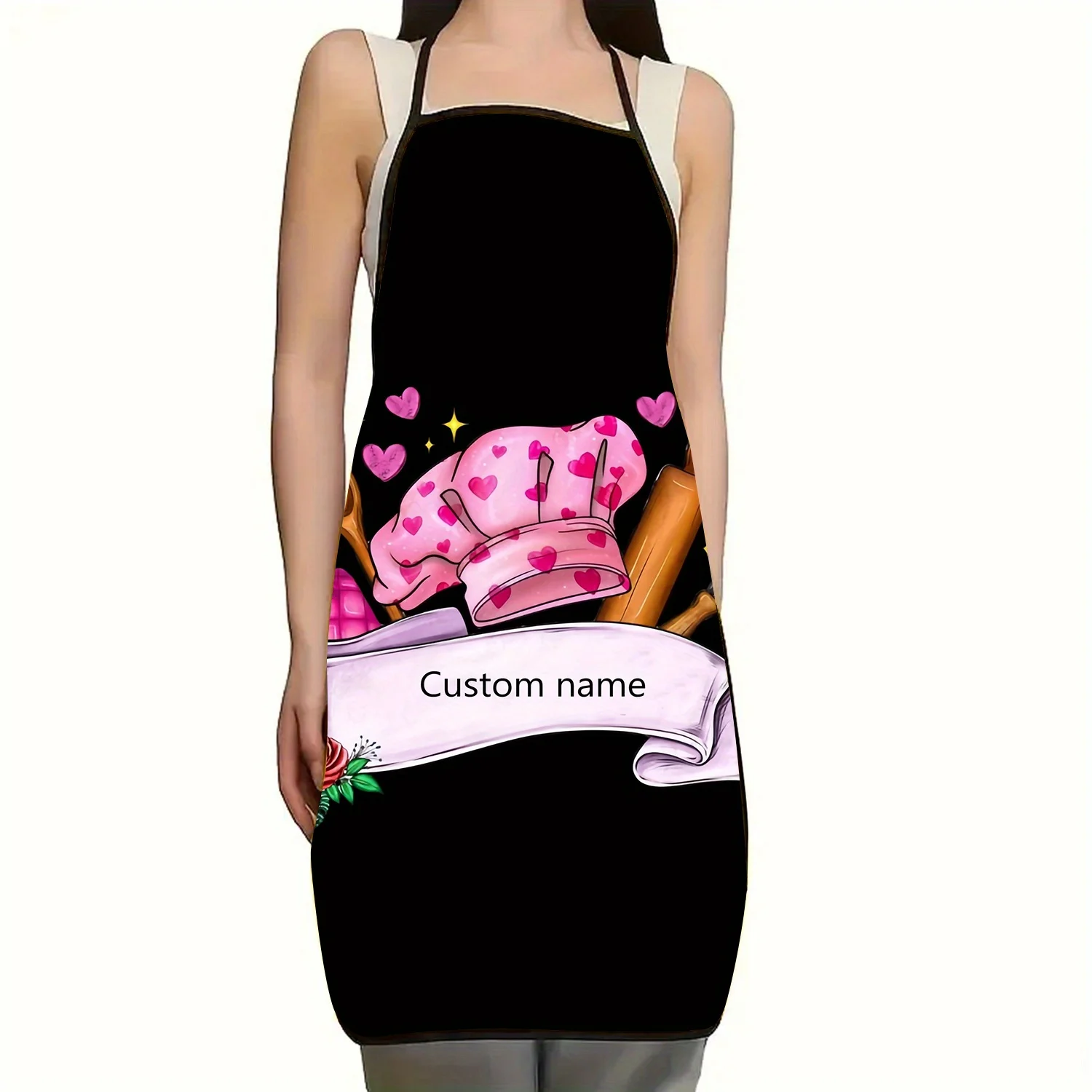 1pc Custom Text Personalized Apron - Pink Chef Theme with Kitchen Utensils, Hearts & Stars Print, Durable Polyester Sleeveless