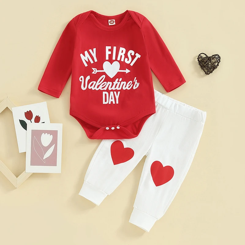 

Baby Valentine s Day Outfit Set with Long Sleeve Romper and Heart Print Pants - Adorable Infant Boys And Girls Clothing Sets