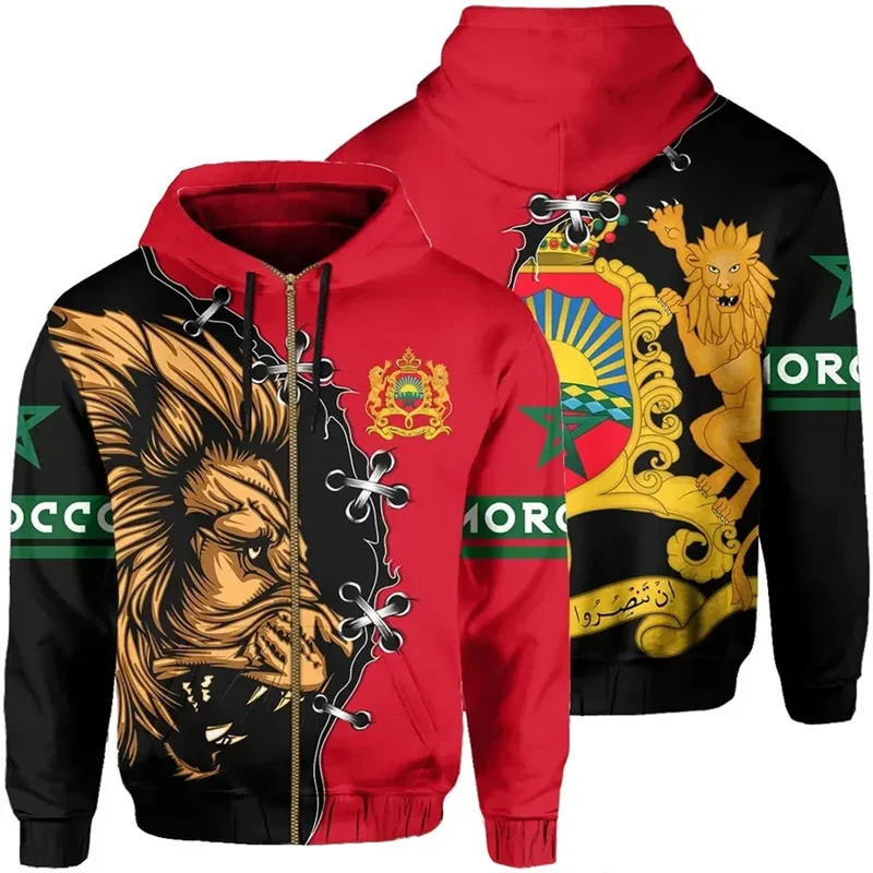 3D Morocco Emblem Printing Zip Up Hoodies For Men Soiritual Totem The Flag Of Morocco Graphic Zip Up Hoodie Harajuku Y2k Clothes