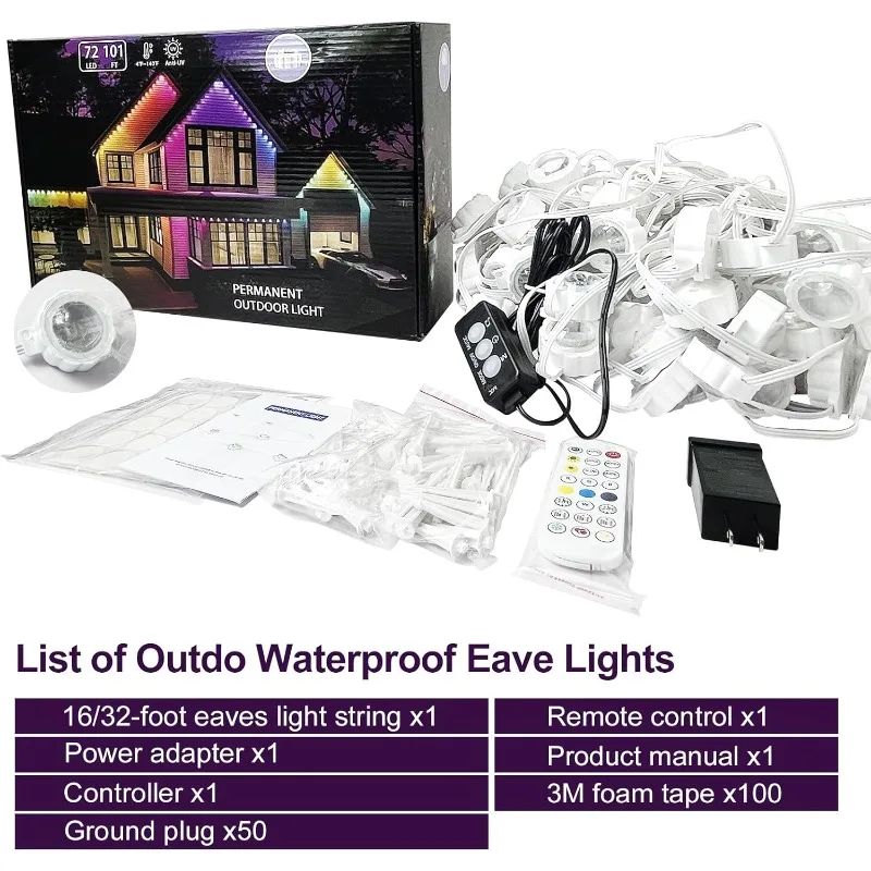 Lumières extérieures permanentes de 100 pieds, lumière d'avant-toit LED RVB avec application/télécommande, plus de 60 modes de scène dynamiques, St extérieur étanche IP67
