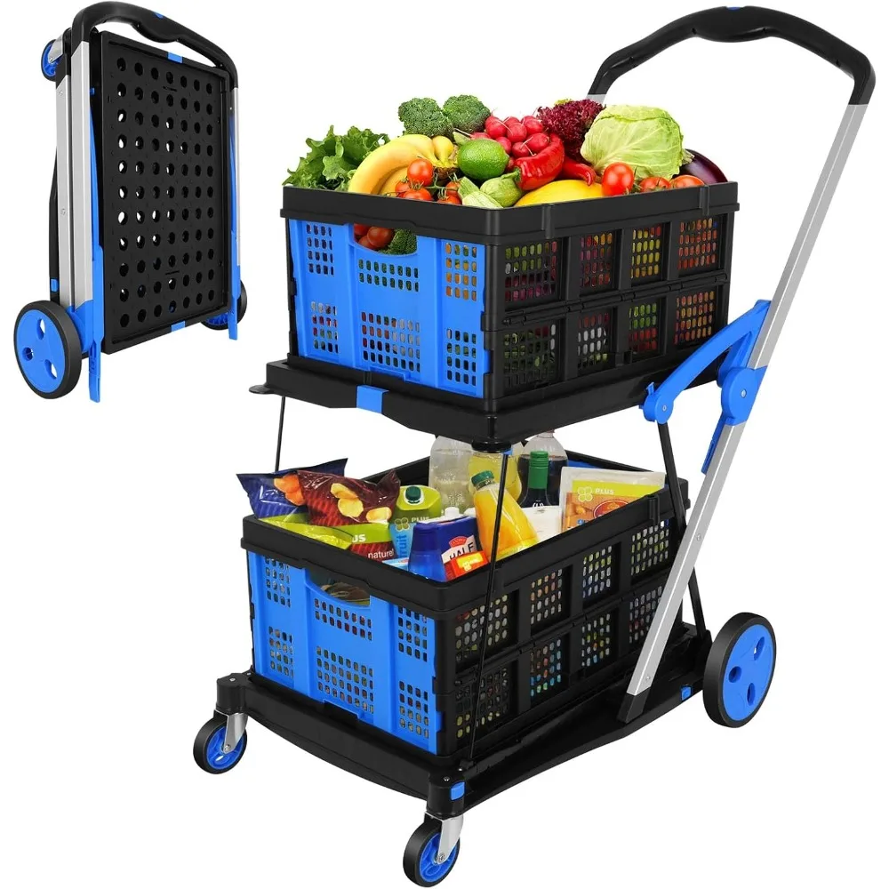 Collapsible Utility Cart for Groceries,Warehouse,Supermarket, Double Layer Foldable Shopping ,Collapsible Handcart Heavy Duty