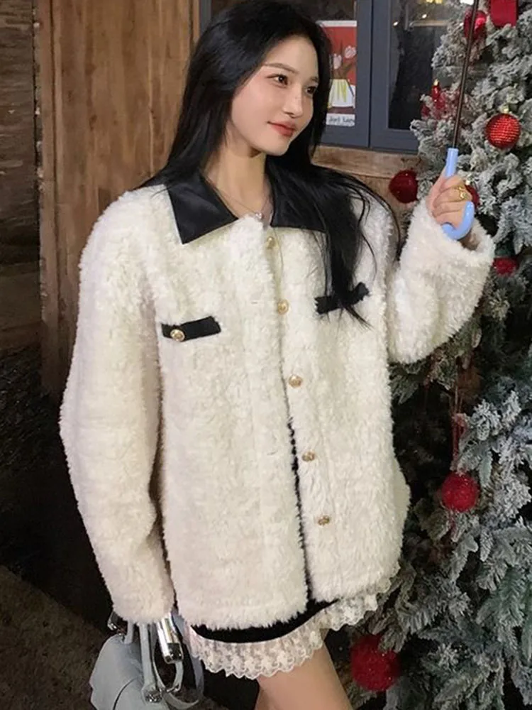 Korean Design Thicken Faux Fur Jackets Women Lapel Neck Single Breasted Lamb Wool Abrigos Long Sleeve Cotton Padded Outerwears