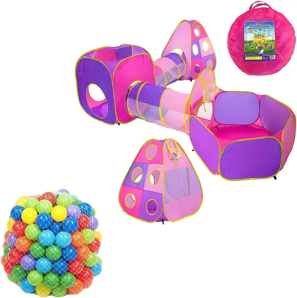 Play Tent Set, 5-Piece Pop-Up with Crawl Tunnels and Basketball Hoop, Includes 200 Soft Mini Plastic Ball Pit Balls in 8 Colors