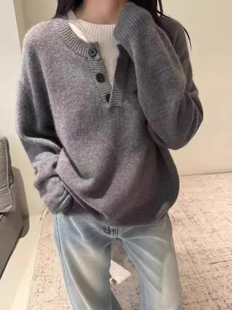 เสื้อสเวตเตอร์แคชเมียร์ปลอมแบบคอเปิดครึ่งตัว รุ่นใหม่สำหรับฤดูใบไม้ร่วงและฤดูหนาว เสื้อสเวตเตอร์ทรงหลวมสำหรับผู้หญิง แขนยาว