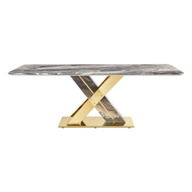 Marble dining table Luxury dining room furniture set Cross-legged rectangular table Stainless steel 6-seater