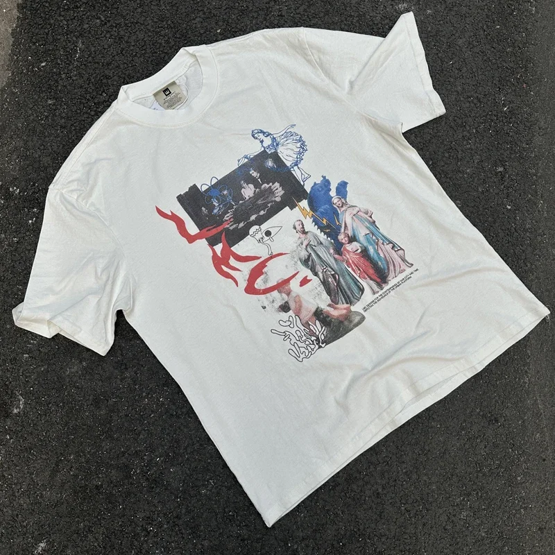 Niche Trend Brand Kanye West Tee Original Label Summer American Direct Print Casual Washed Do Old KANYE WEST Short Sleeve Tshirt