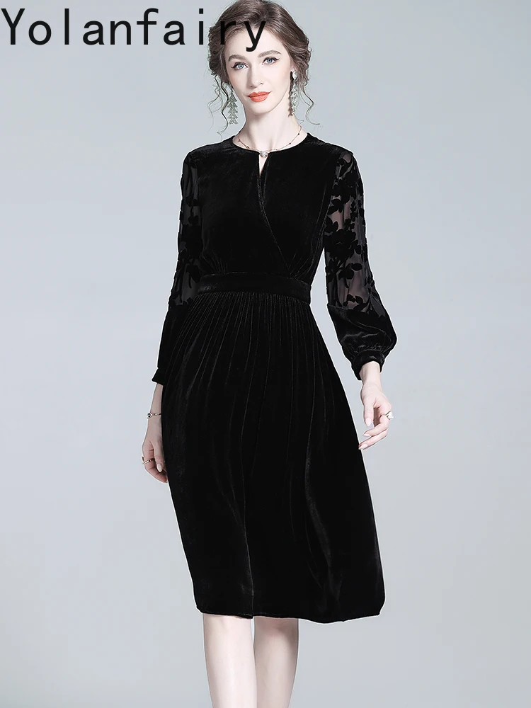 YOLANFAIRY Brand Real Silk Velvet Dresses for Woman Autumn French Elegant Women Clothing Black Dress Fashion Black Evening Dress