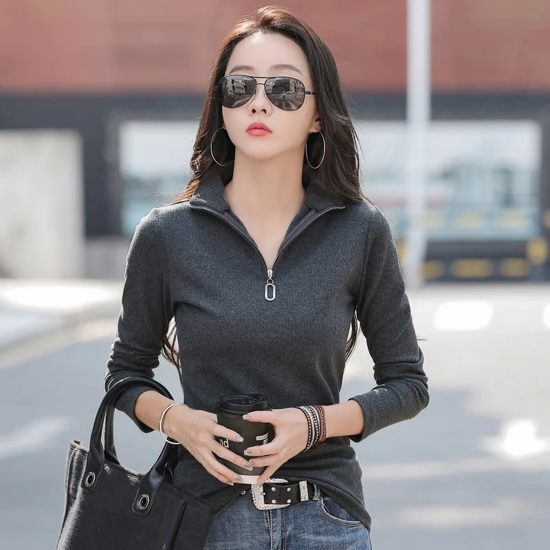 HI-FASHION Korean Slim Office Shirt Women Casual Pullover Spring Cotton Lapel Long Sleeve Zipper Top tees For Woman Plus size