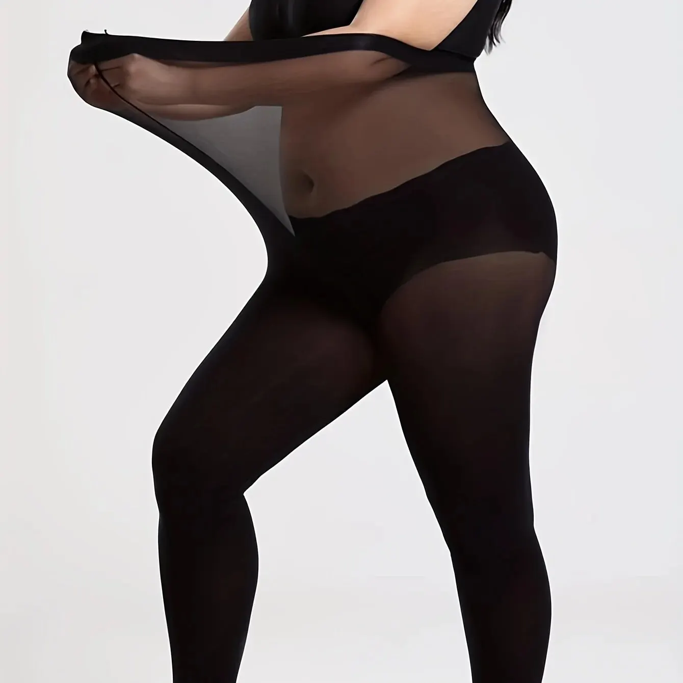 Plus Size Casual Stockings For 0XL-2XL, Women's Plus Solid Semi Sheer Footed Stretchy High Rise Tights