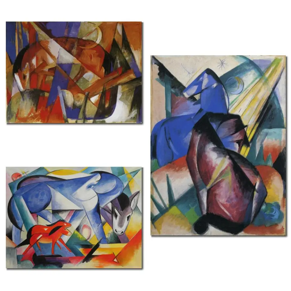 Handmade Franz Marc Abstract Two Horses Red Blue Impressionist Painting in Oils Canvas Masterpiece for Study Room Display