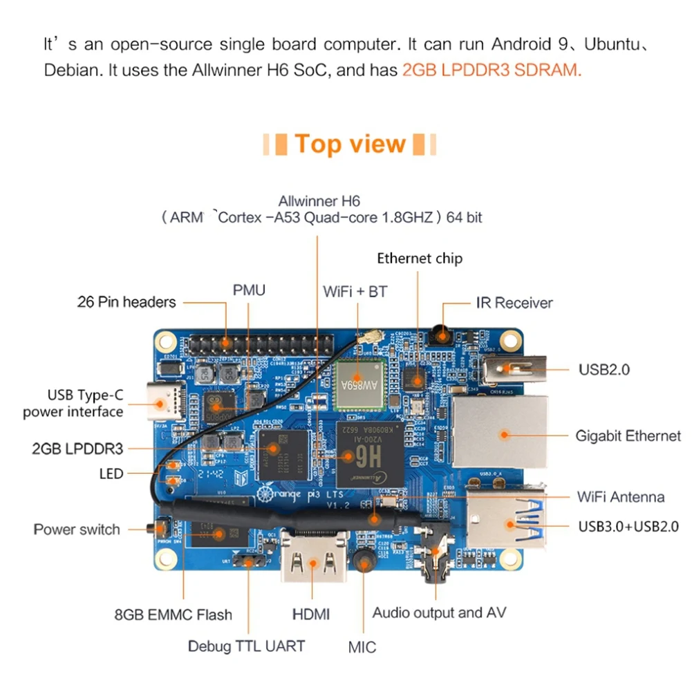 Placa de desarrollo Orange Pi 3 LTS 2G8G EMMC con HDMI + BT5.0,AllWinner H6 SoC, placa de código abierto, computadora, funciona con Android