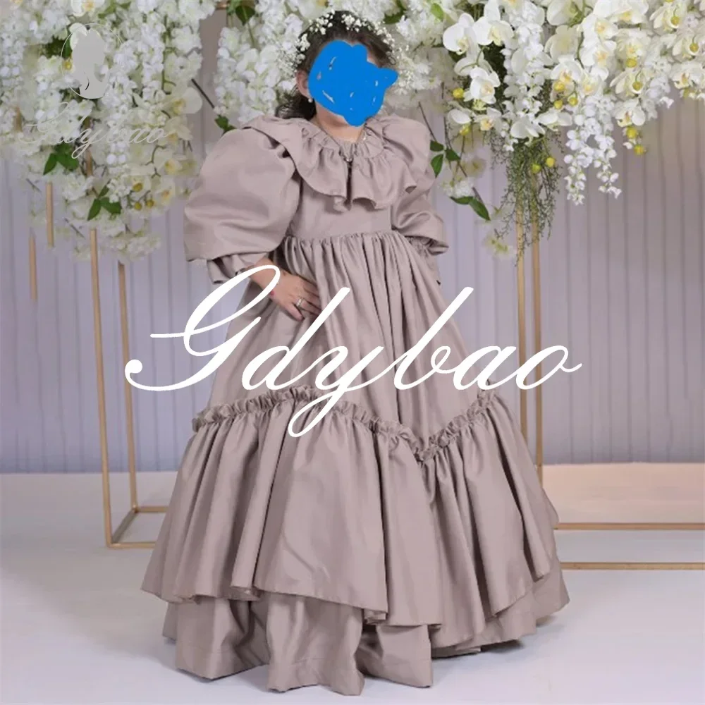 Pleat Princess Long Puff Sleeve A Line Long Ball Flower Girl Dress Floor Length Classic First Communion Gown Customized New