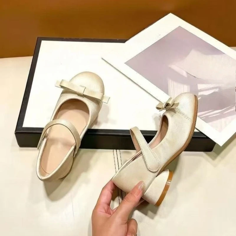 Big Kids Bow Detail Leather Shoes 2026 New Summer Little Girls High Heels Mary Jane Shoes Soft Sole Simple Classic Party Wedding