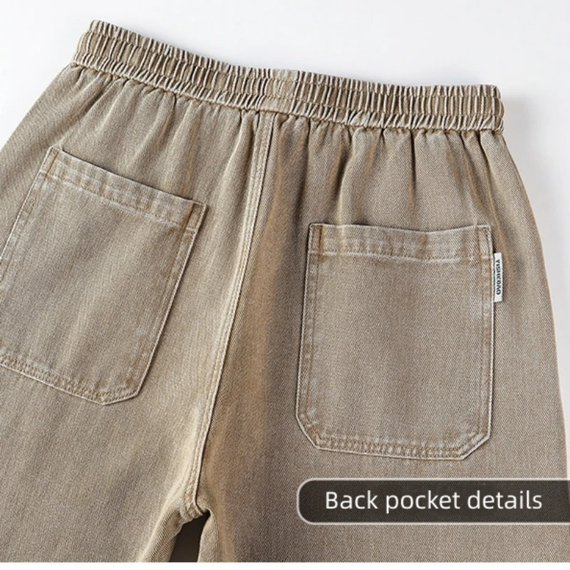 CUMUKKIYP Vintage Straight Wide Leg Cotton Denim Men Jeans Elastic Waistband Tie Belt Black Jeans for Men