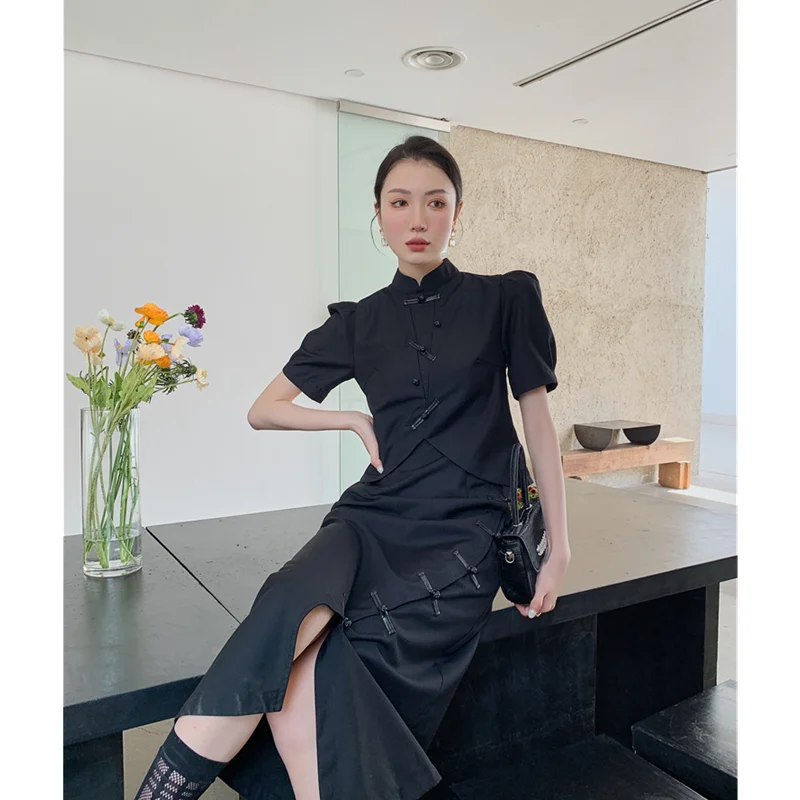 

Spring Women's Clothing Dress Tea Break French Button Improved Cheongsam Fake Two New Chinese Black Temperament Mid-length Skirt