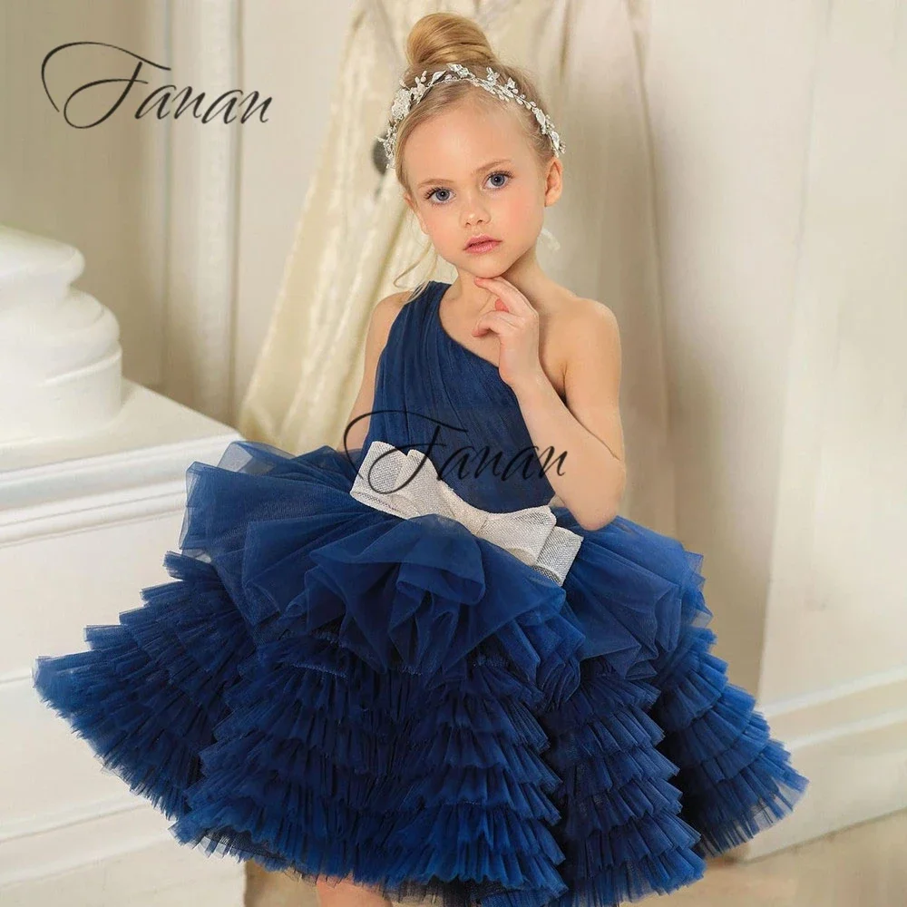 

Royal Blue Flower Girl Dresses Mini Length One Shoulder Tulle Layers Elegant For Wedding Ceremony Party Dress