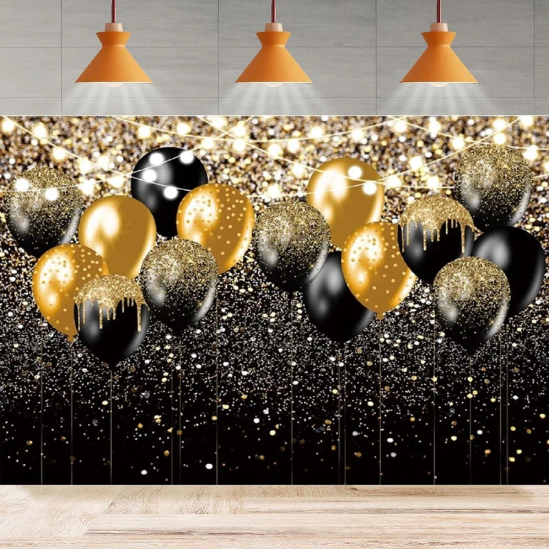 Black And Gold Glitter Photography Background Balloons Bokeh Birthday Men Women Suitable Graduation Party Backdrop Wall Banner