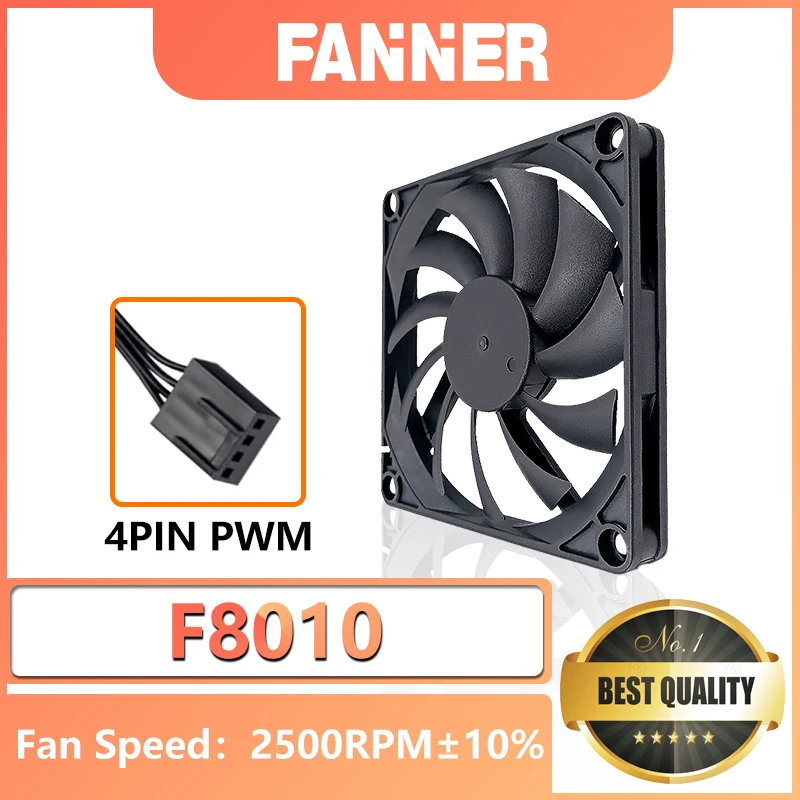 

FANNER F8010 80*80*10 мм Ультратонкий бесшумный вентилятор для корпуса компьютера 8 см Вентилятор радиатора процессора 800–2500 об/мин 4-контактный ШИМ регулирует скорость