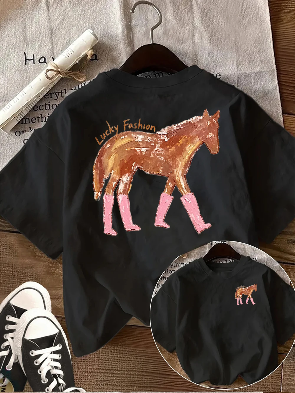 Pferde-Print Damen-T-Shirt Niedliche Rosa Stiefel Pony Grafik-T-Shirt Lässiges Oversize Kurzarm Sommer-Oberteil Vintage Harajuku Tier-Shirt – Detail 2