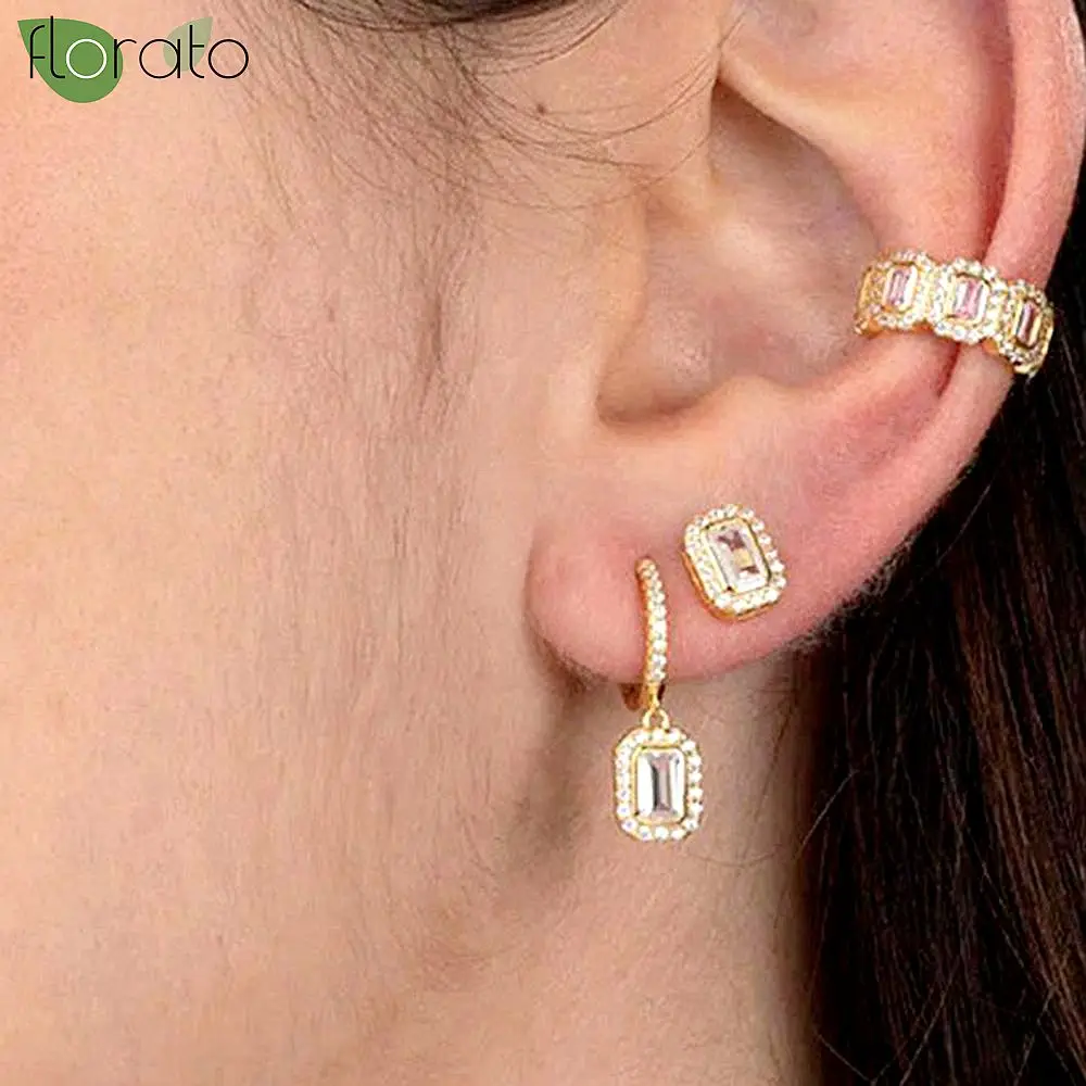 

925 Sterling Silver Needle Fashion White Square Zircon Pendant Earrings New Gold Hoop Earrings for Women Luxury Jewelry Gift