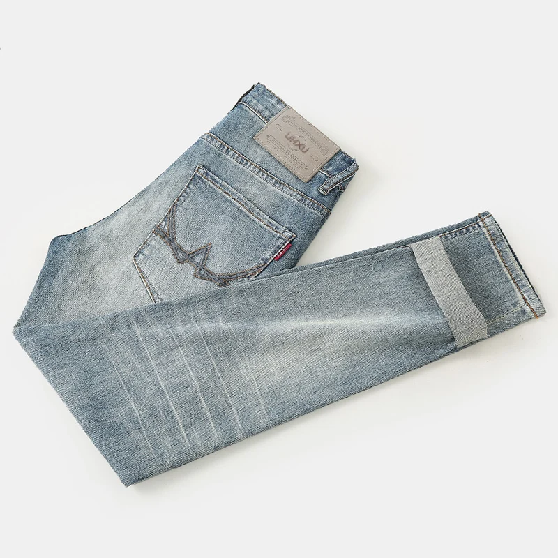 European Fashion Vintage Men Jeans High Quality Retro Blue Elastic Slim Fit Plain Washed Jeans Men Designer Denim Pants Hombre