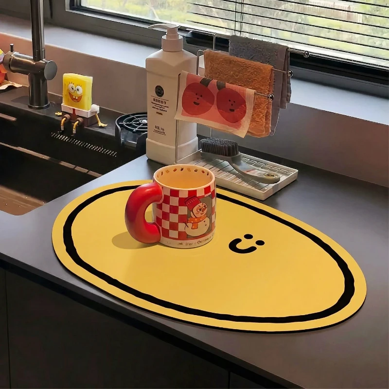 VIKAMA Smiley Face Kitchen Counter Mat for Sink Drainage Drying Table Placemat Absorbent Non Slip Cozy Home Decor