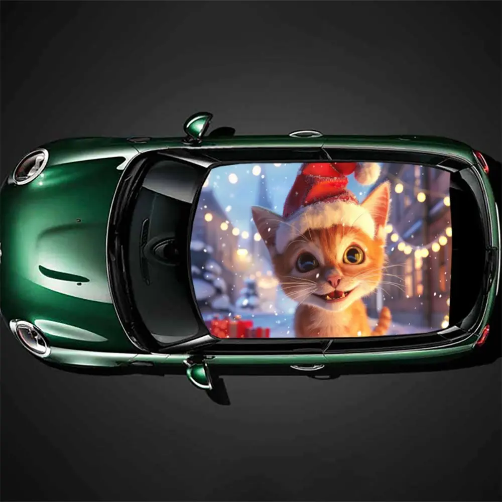 

Happy Christmas Animal Cat Car Roof Sticker Wrap Racing SUV Auto Accessories Packaging PVC Car Hood Graphic Decal Decoration