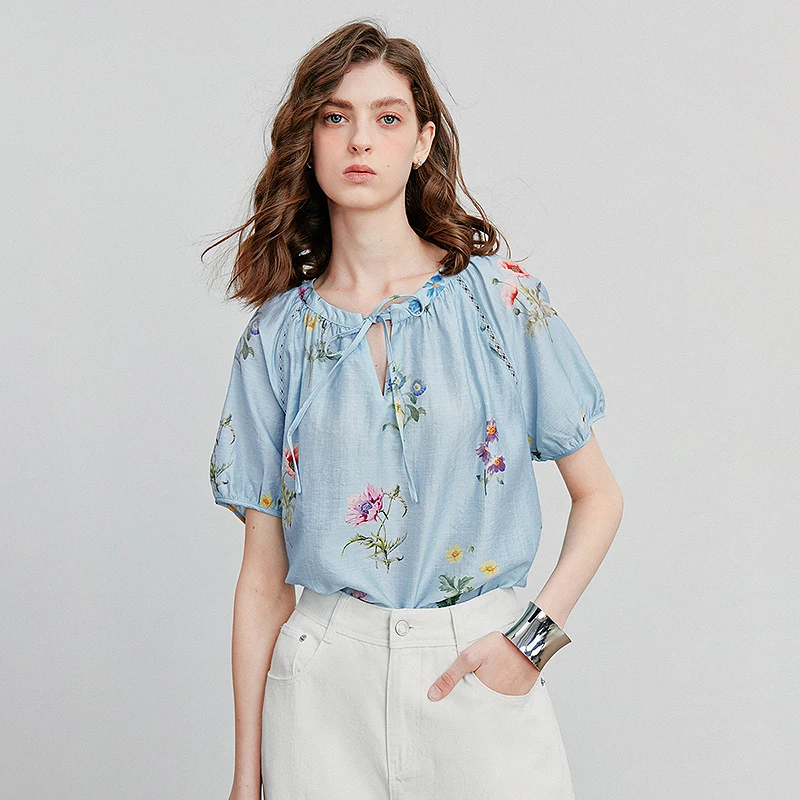 TOYOUTH بلوزة نسائية قميص 2025 صيف جديد أخضر مخملي رقبة مستديرة الأزهار المطبوعة عطلة قميص غير رسمي 8522046