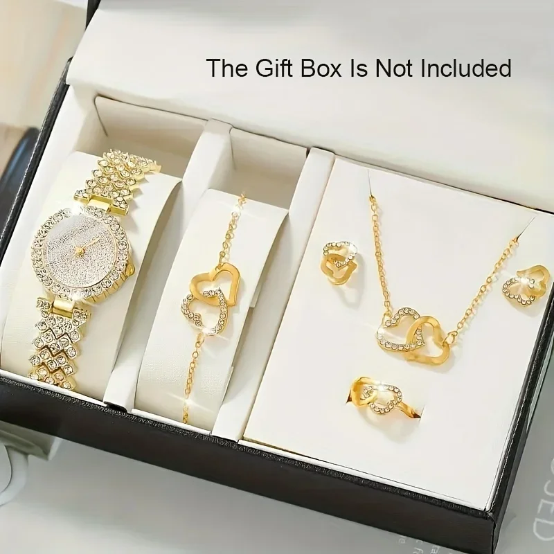 2. Luxury Bling Crystal Ladies Wristwatch Gold‑Tone Full Diamond Band Double Heart Jewelry Gift Set For Women