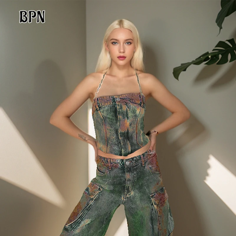 

BPN Hit Color Patchwork lace up Demin Vests For Women Halter Sleeveless Backless Sexy Slimming Short Tops Female Fashion Style