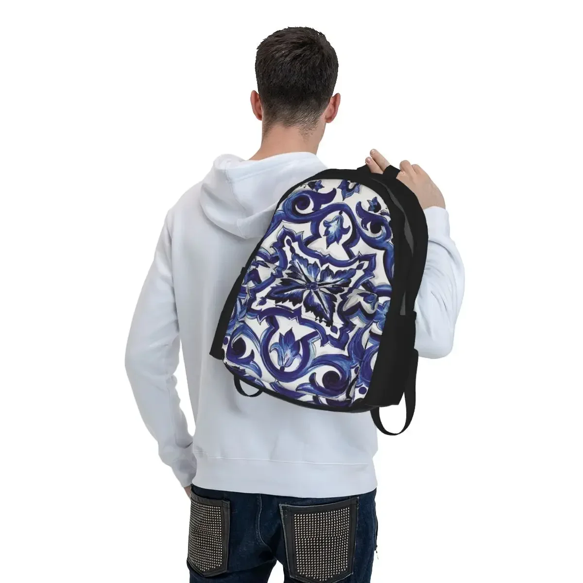 Blue Ornate Floral Mediterranean Sicilian Tile Backpack Student BookBag Kids School Bag Laptop Shoulder Bags for Men Women
