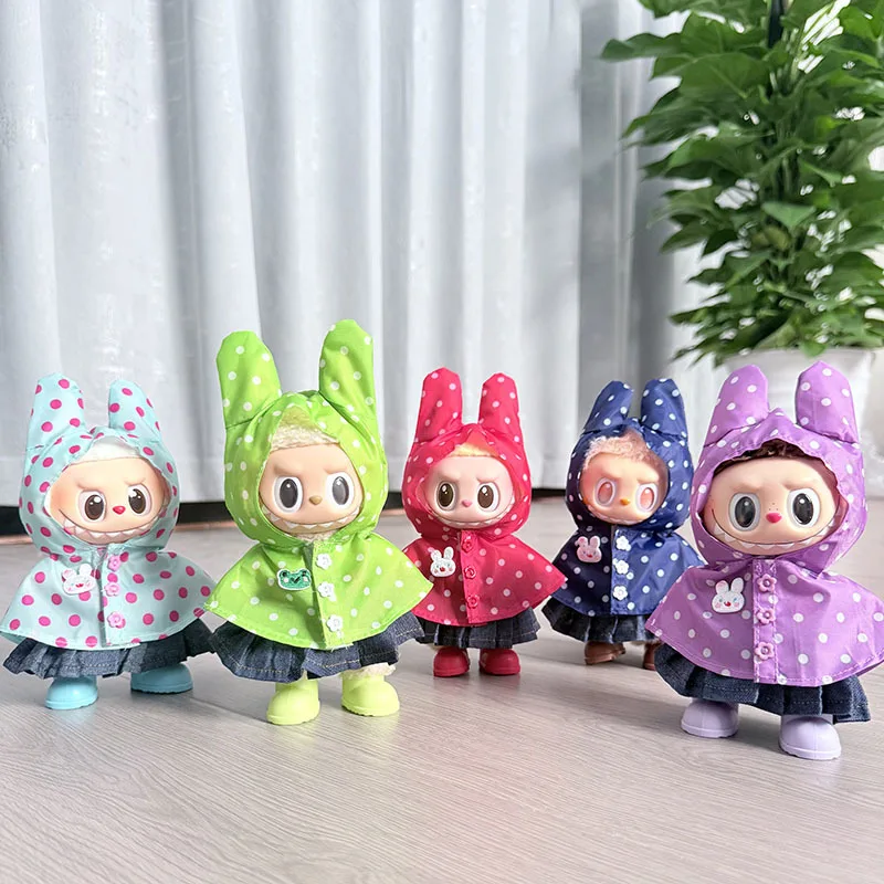 15/17 سنتيمتر LABUBU ملابس دمى ل 1st/2nd/3rd الجنرال الصيف الملونة البولكا نقطة الحلوى معطف واق من المطر الأحمر زر الدنيم تنورة أحذية المطر مجموعة