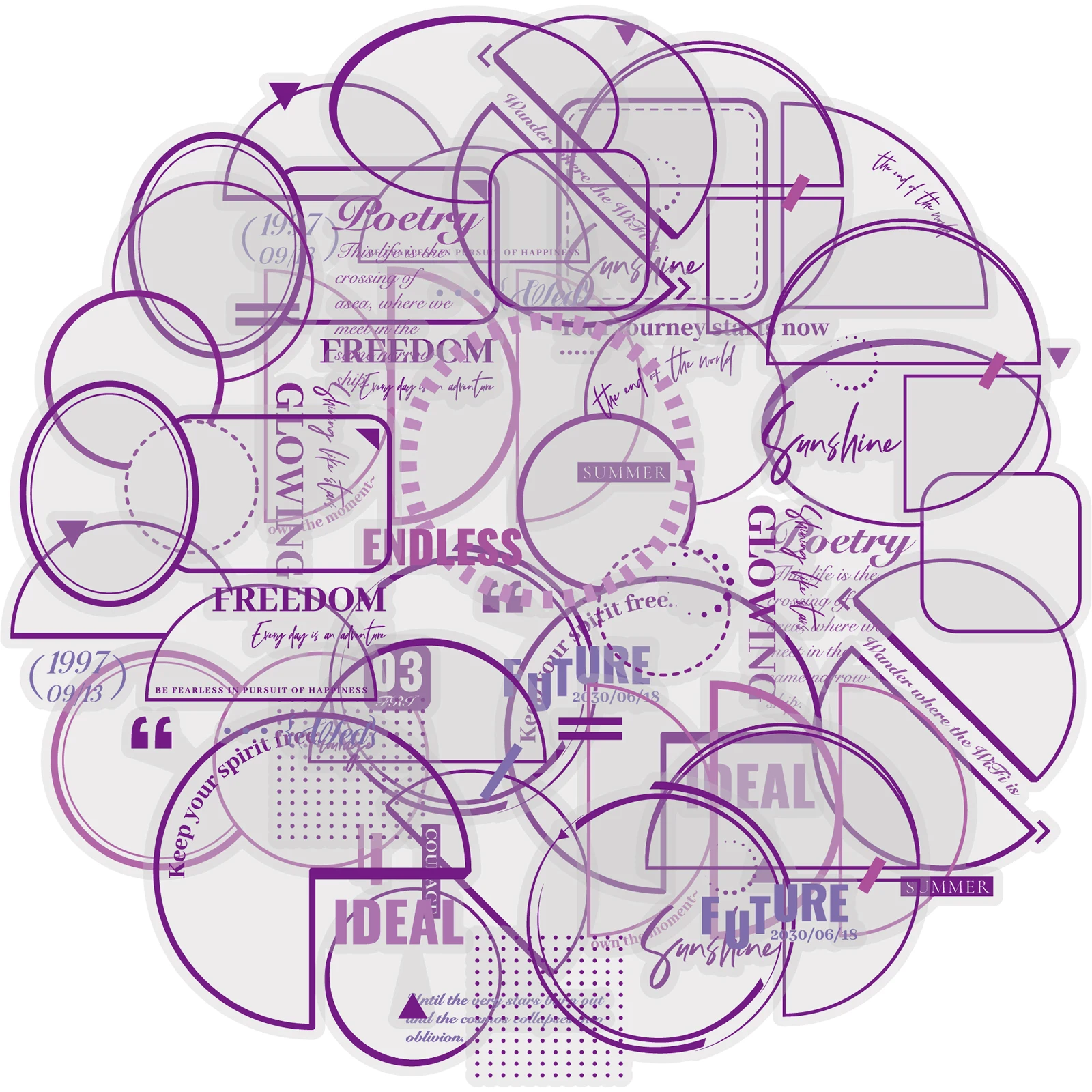 Etori Life Circle of Rules 15Pcs Soft Purple Vintage Geometric Journal Stickers English Text Style Blank Decorative Sticky Notes for Laptops, Phone Stickers, Suitcases, Scrapbooking Supplies, Student Gift Paper Bags, DIY Crafts, Toy Stickers, Stickers for Friends, Stickers That Are Not Easily Damaged
