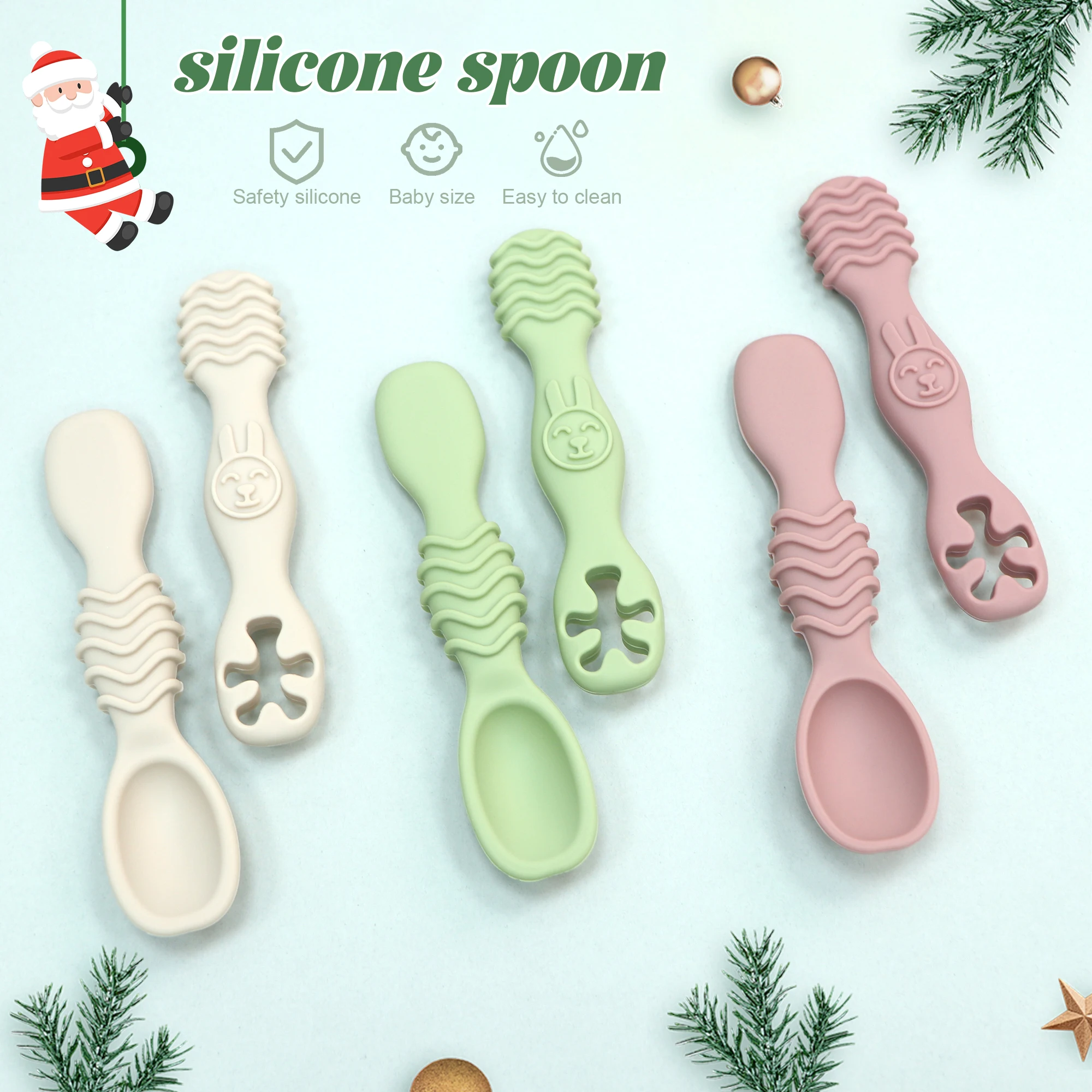2-piece double-ended soft silicone feeding spoon, baby gift, baby training self-feeding spoon, microwave and dishwasher safe.